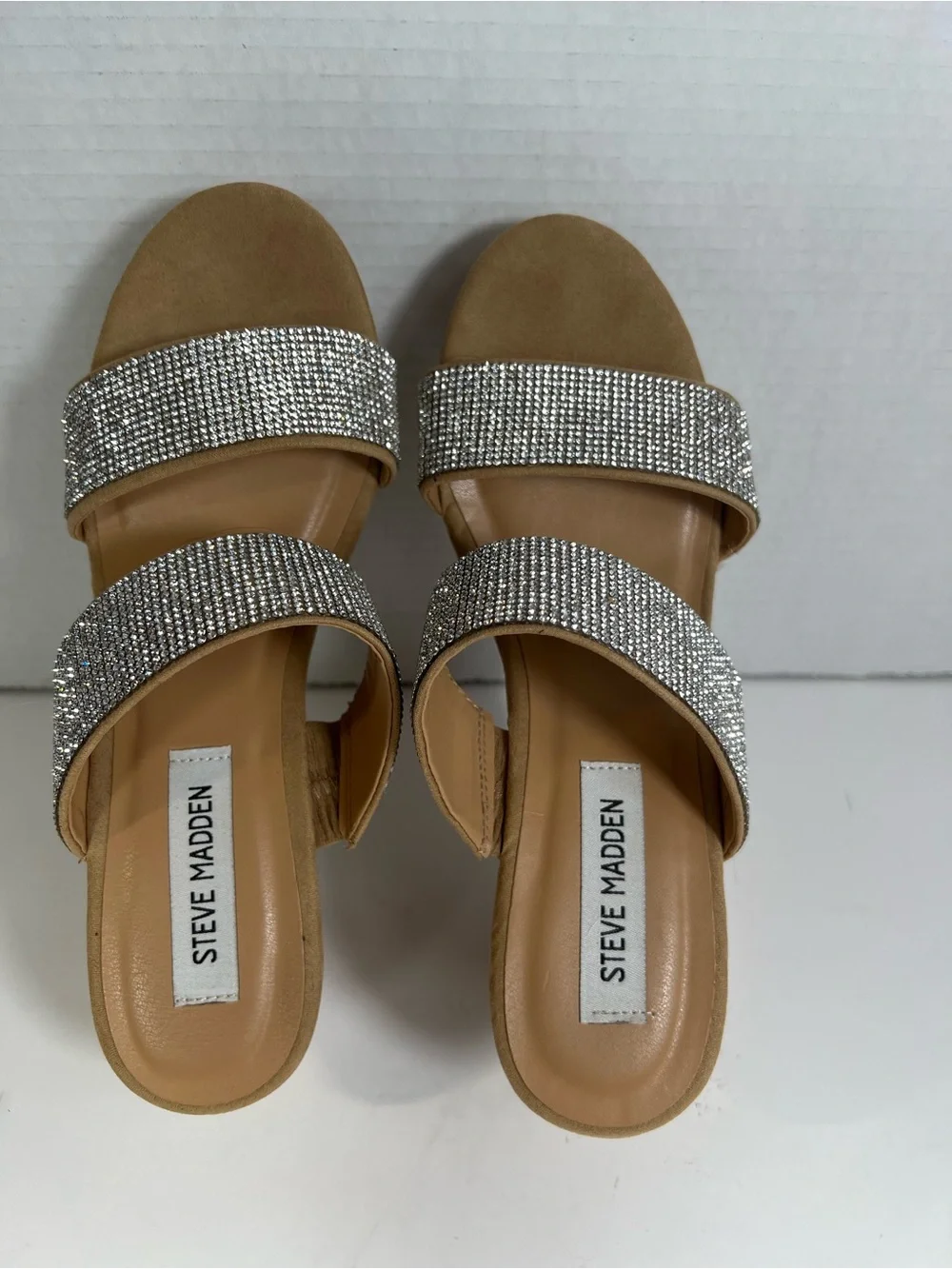 Steve Madden Sandro Rhinestone Cork Wedge Slide Sandals Beige 8.5M